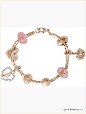 Charm Bracelet with Gold-Tone Charms and Pink Beads, 7.5 Inches, Lobster Clasp